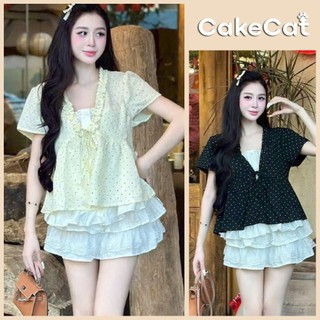 Áo Sơ Mi Nữ Babydoll Cổ V Tay Ngắn Viền Bèo Chấm Bi Thắt Nơ Xinh Xắn Nàng Thơ - Cakecat