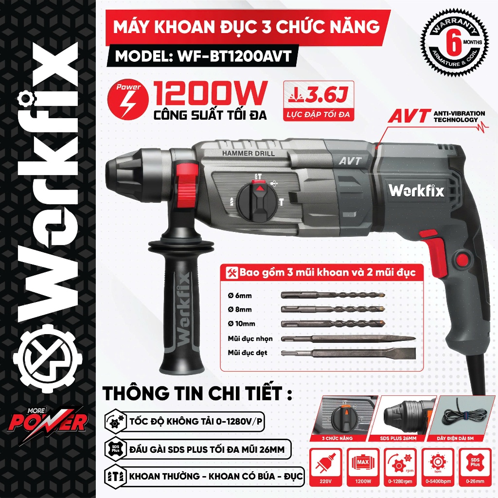 [Tặng 5 mũi khoa] Máy Khoan Đục Workfix WF-BT1200AVT 3 Chế Độ – SDS Plus 26mm, 1200W, Đục Bê Tông 3.6J, Chống Rung AVT