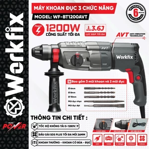 Khoan bê tông điện đa năng WORKFIX WF-BT1200AVT 1200W - Máy Khoan bê tông, bắt vít, Siết Bulong