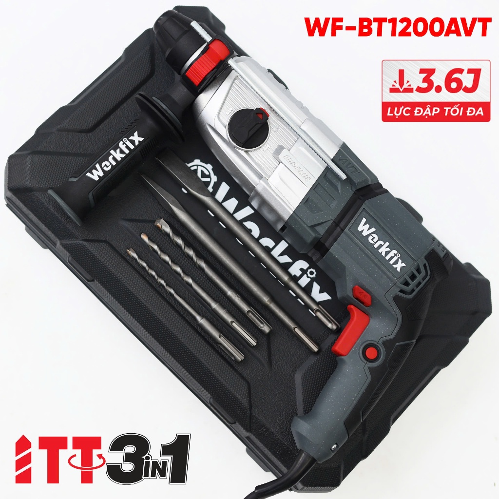 [Tặng 5 mũi khoa] Máy Khoan Đục Workfix WF-BT1200AVT 3 Chế Độ – SDS Plus 26mm, 1200W, Đục Bê Tông 3.6J, Chống Rung AVT