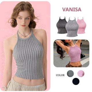 Áo croptop giả yếm nữ chất len lông co giãn nhẹ đen xám hồng phong cách trẻ trung VANISA AK774