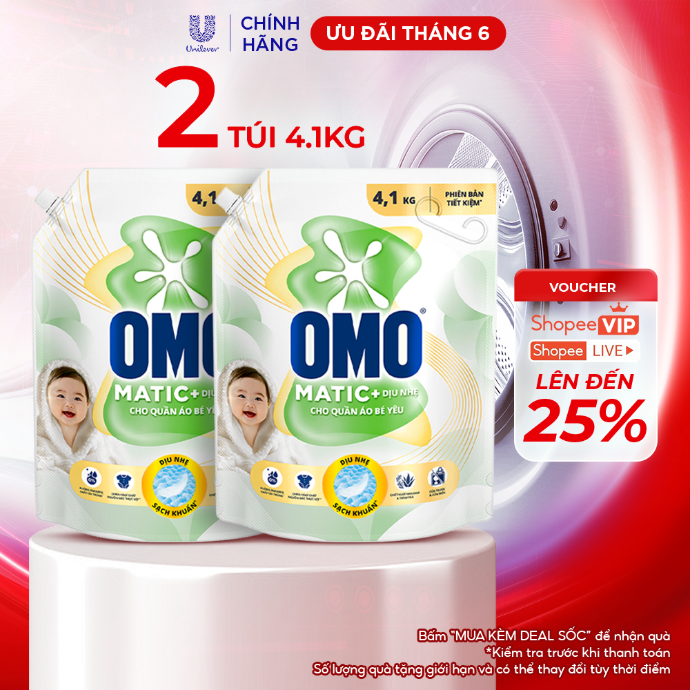 Combo 2 Nước Giặt OMO Matic Cho Quần Áo Bé Yêu 4,1kg/túi