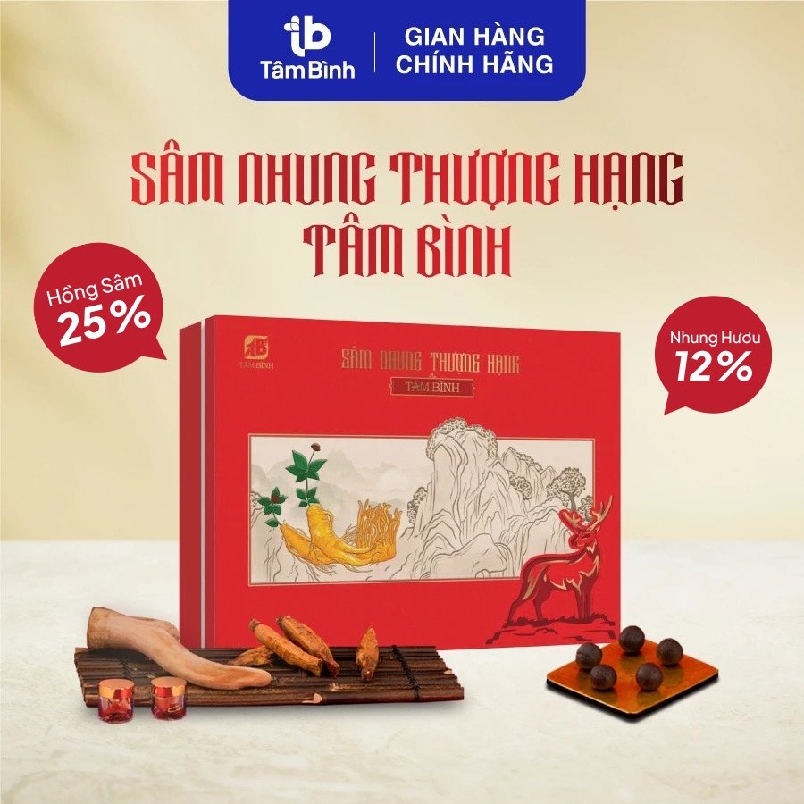 Sâm Nhung Thượng Hạng Tâm Bình - Hàm lượng sâm (25%) giúp hỗ trợ bồi bổ cơ thể, giảm mệt mỏi, căng thẳng, suy nhược