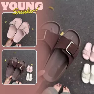 Dép Lê Nữ, Dép Lê Quai Ngang Đế Cao khóa Vuông To Màu Hồng Nâu Kem N59 || Young Sneaker