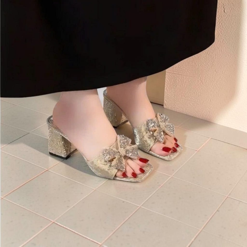 Guốc Nữ Cao Gót Vuông 5cm 7cm Quai Bản Kim Tuyến Đính Nơ Đá G149
