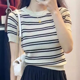 Nova-Áo dệt kim cổ tròn sọc mùa xuân hè thông thường dành cho nữ