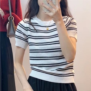 Nova-Áo dệt kim cổ tròn sọc mùa xuân hè thông thường dành cho nữ