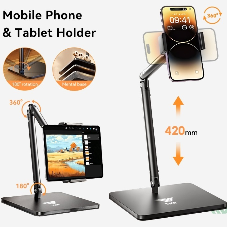 Giá đỡ ipad để bàn hợp kim nhôm phiên bản xoay 360° đa năng, Đế kẹp điện thoại đúc nguyên khối chắc chắn, gấp gọn