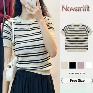 Nova-Áo dệt kim cổ tròn sọc mùa xuân hè thông thường dành cho nữ
