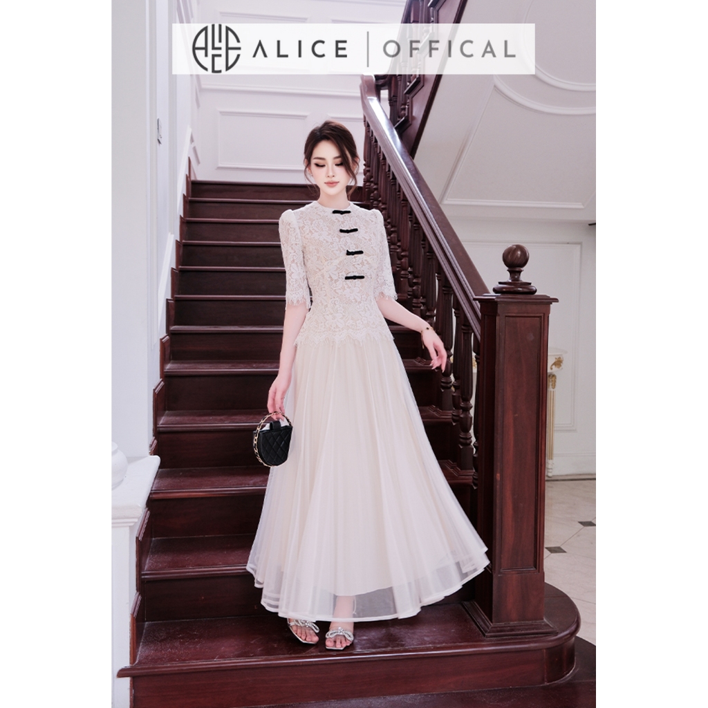 Set Váy Tiểu Thư Alice Áo Tay Lỡ Chất Ren Tơ Nhung Cổ Tròn Đính Nơ Đen Phối Chân Váy Lưới Dài Xòe A1091+CV1082