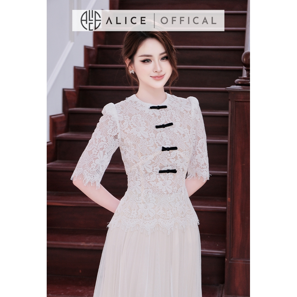 Set Váy Tiểu Thư Alice Áo Tay Lỡ Chất Ren Tơ Nhung Cổ Tròn Đính Nơ Đen Phối Chân Váy Lưới Dài Xòe A1091+CV1082