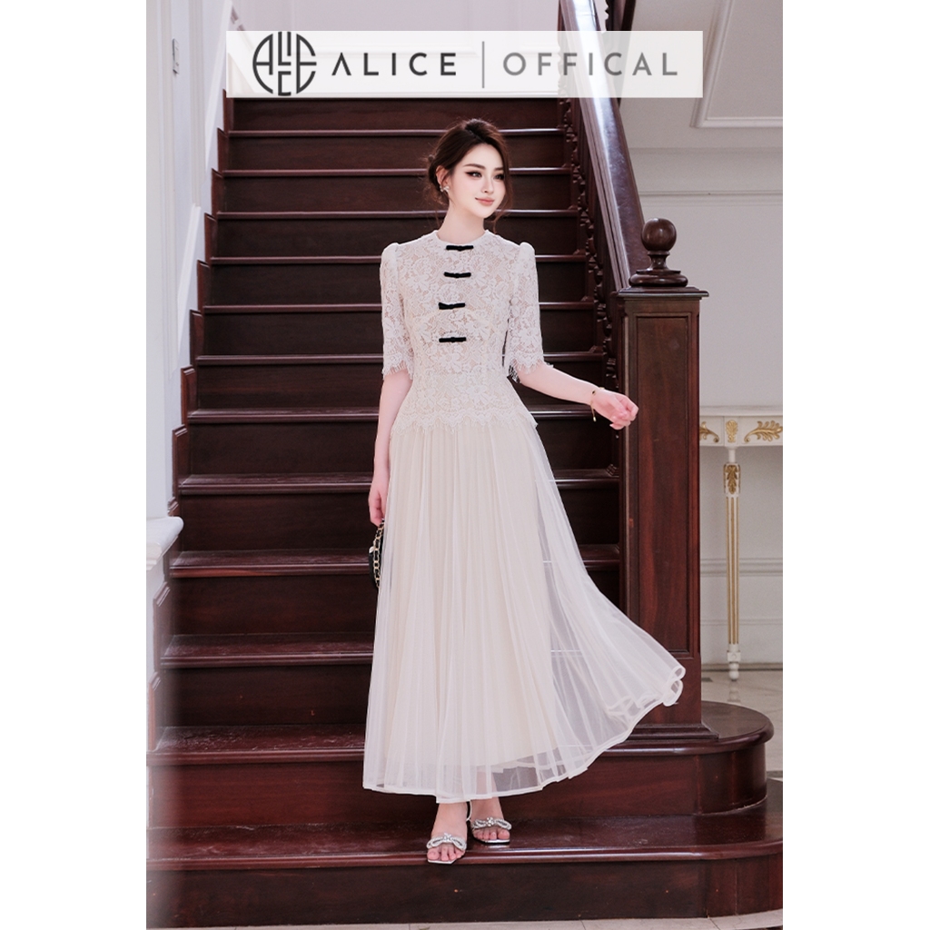 Set Váy Tiểu Thư Alice Áo Tay Lỡ Chất Ren Tơ Nhung Cổ Tròn Đính Nơ Đen Phối Chân Váy Lưới Dài Xòe A1091+CV1082