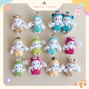 Móc Khoá Len Nhung Thỏ Trắng Tai Dài Bunny Mang Yếm Đội Mũ Haste Dễ Thương Quà Tặng Handmade