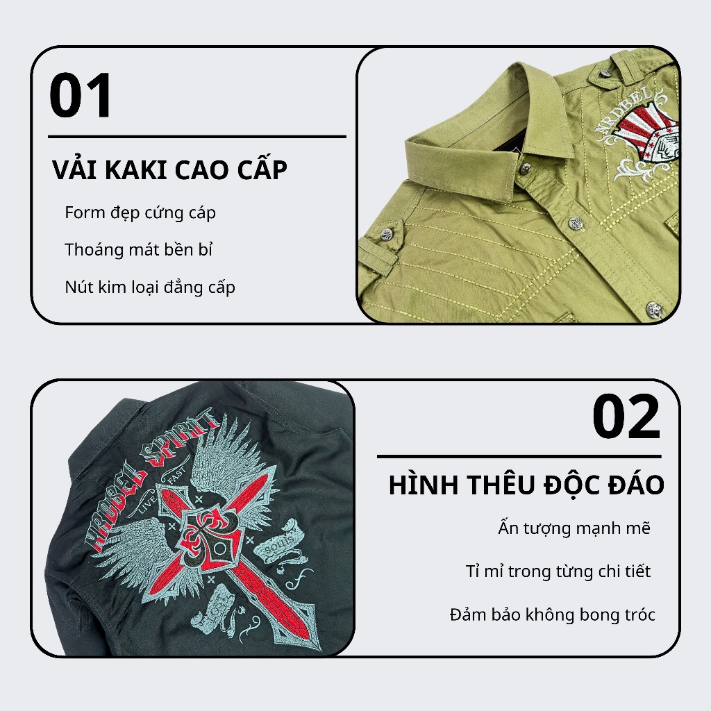Sơ Mi Rock Classic Cao Cấp Thêu Họa Tiết Thập Giá Chỉ Đỏ Vải Kaki Tôn Dáng, Cúc Kim Loại Đẳng Cấp 74