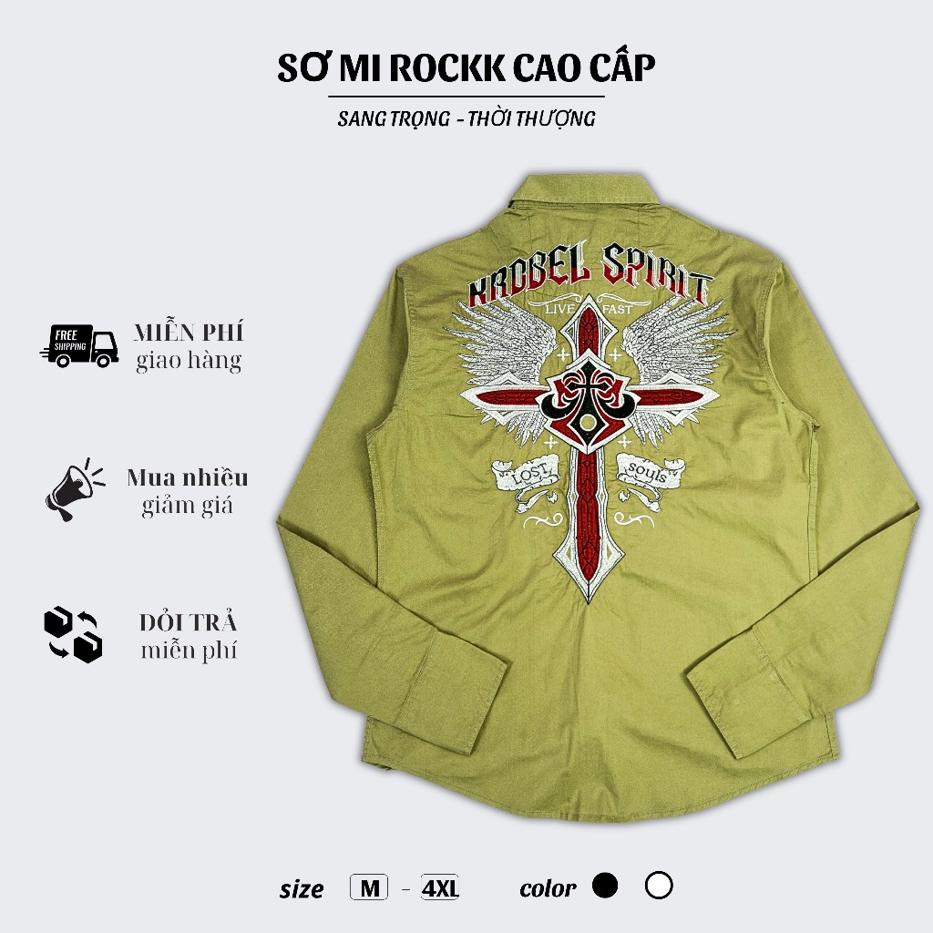 Sơ Mi Rock Classic Cao Cấp Thêu Họa Tiết Thập Giá Chỉ Đỏ Vải Kaki Tôn Dáng, Cúc Kim Loại Đẳng Cấp 74