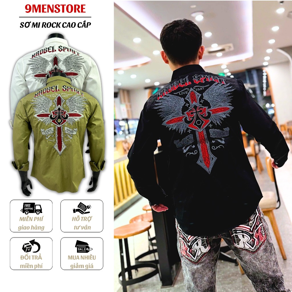 Sơ Mi Rock Classic Cao Cấp Thêu Họa Tiết Thập Giá Chỉ Đỏ Vải Kaki Tôn Dáng, Cúc Kim Loại Đẳng Cấp 74