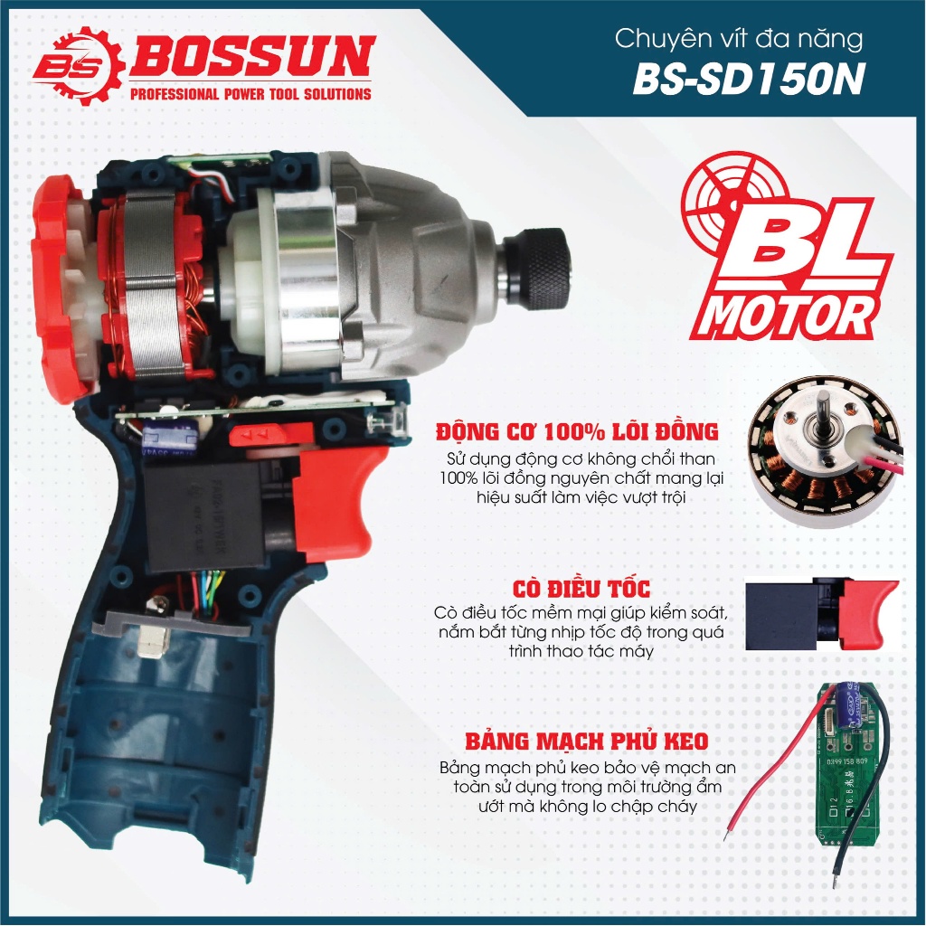 Máy Chuyên Vít Đa Năng Bossun BS-SD150N 21V 4ah Lithium Ion - Mạch 4 Mosfet - Pin 10 Cell- Có Đèn Báo Dung Lượng
