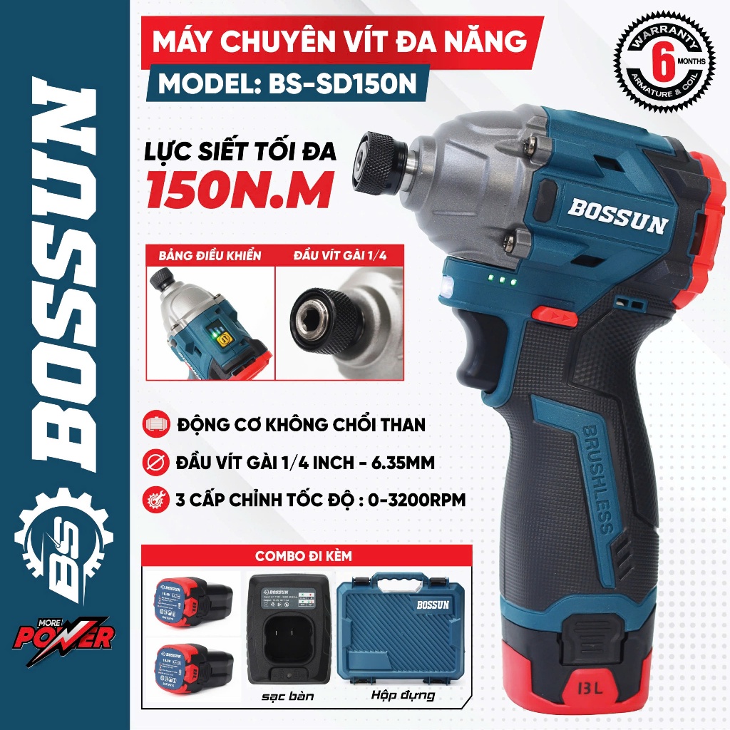 Máy Chuyên Vít Đa Năng Bossun BS-SD150N 21V 4ah Lithium Ion - Mạch 4 Mosfet - Pin 10 Cell- Có Đèn Báo Dung Lượng