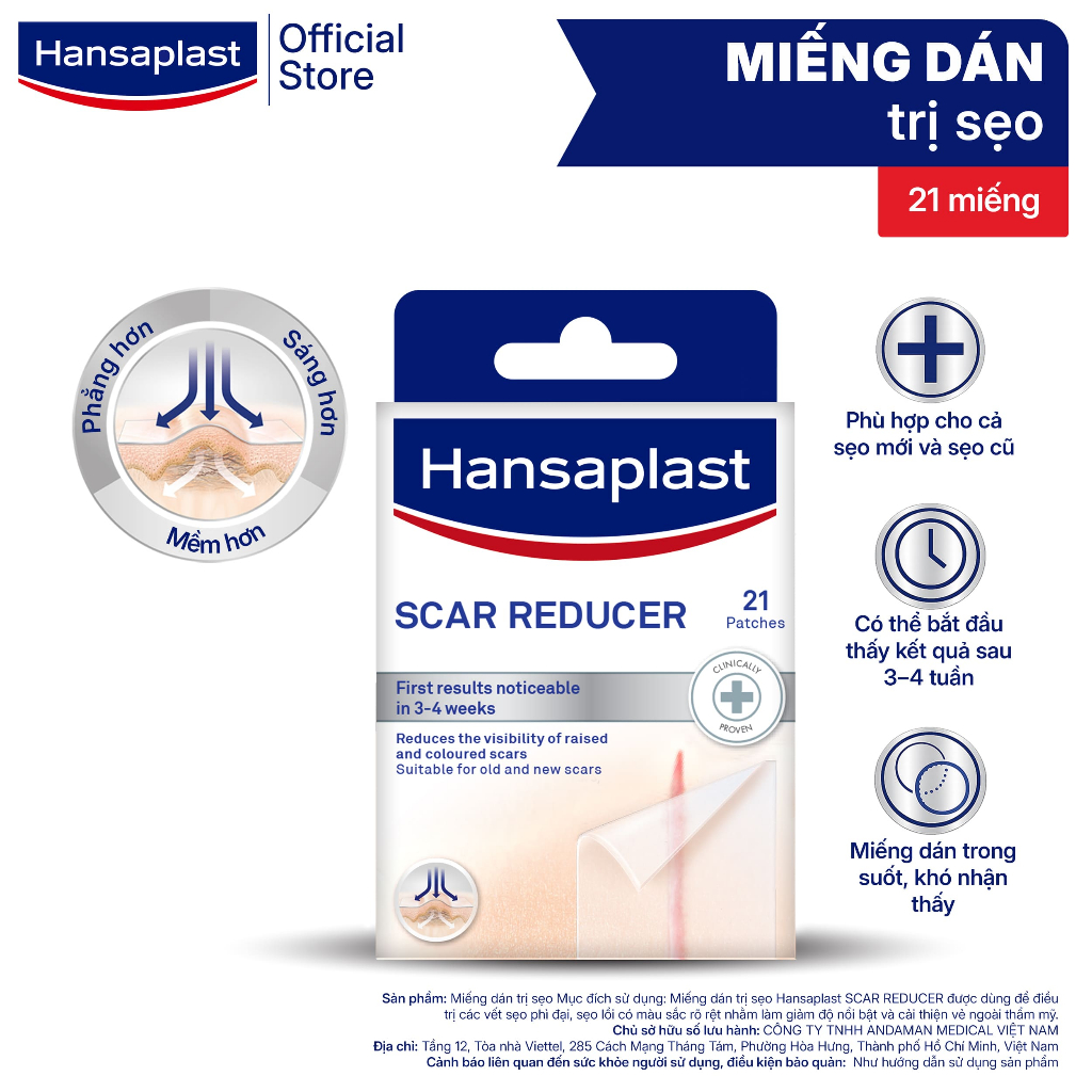 [MỚI] Miếng dán giảm sẹo HANSAPLAST 21 miếng | Đã được chứng minh lâm sàng | Dùng cho sẹo cũ và mới