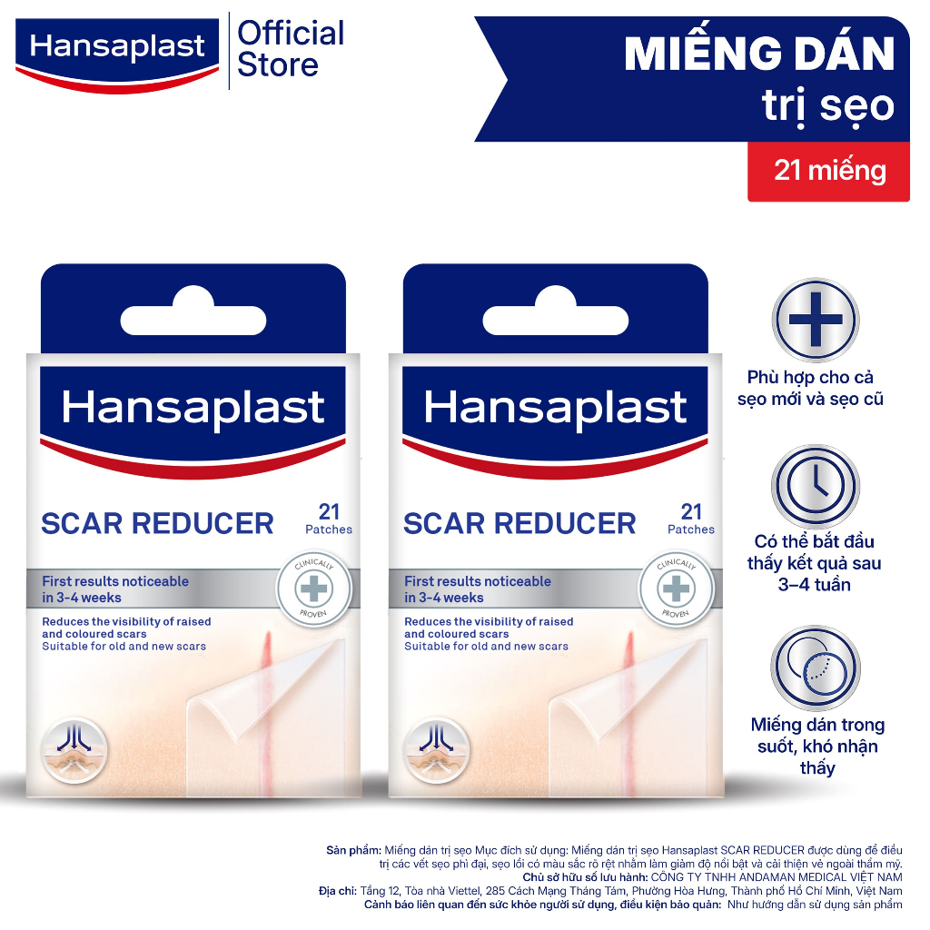 Bộ 2 hộp dùng trong 6 tuần-Miếng dán giảm sẹo HANSAPLAST 2x21 miếng|Được chứng minh lâm sàng hiệu quả cho sẹo cũ&sẹo mới