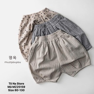 Quần Short Thô Mềm Dáng Phồng Cho Bé Từ 9-28kg Bo Gấu Hàn Quốc Cạp Chun Hoạ Tiết Kẻ, Chấm Bi MZ25159