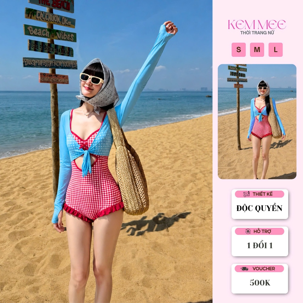 Đồ bơi nữ, bikini kín đáo đẹp, bikini liền mảnh, bikini không hở kẻ caro đỏ phối áo khoác xanh ôm body quyến rũ (B001)