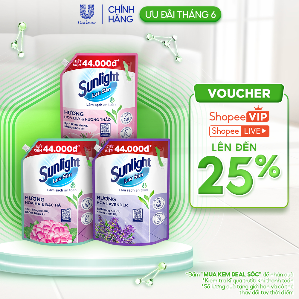 Nước Lau Sàn Sunlight Tinh Dầu Thảo Mộc Sạch Bóng | Túi 3,6 KG | Hoa Hạ - Bạc Hà | Lily - Bạch Trà | Hoa Lavender