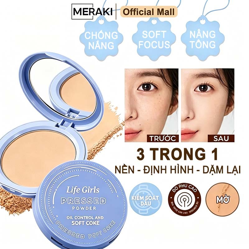 Phấn nén & Phấn phủ, Kiềm dầu cố định lớp nền 24H, Chống nước, Che phủ hoàn hảo, Tặng kèm bông phấn