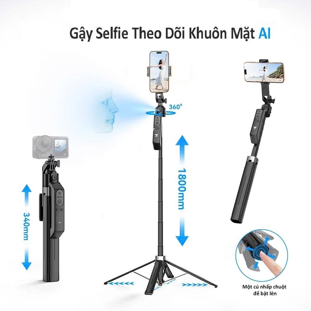 Gậy chụp ảnh 4 chân 1m8 Tripod Gimbal AI tự xoay 360 theo dõi chuyển động cử chỉ, nhận diện khuôn mặt quay video 1 mình