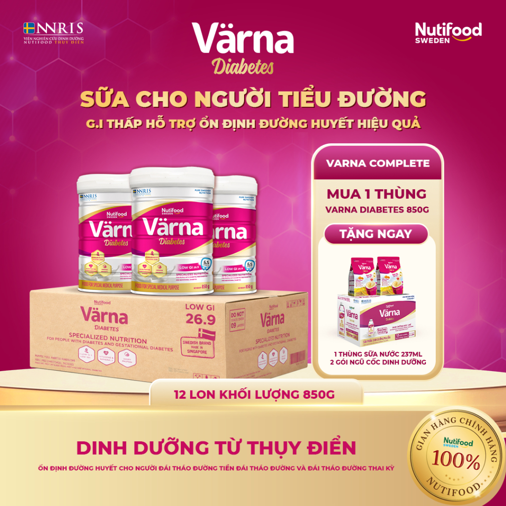 Sữa Tiểu Đường VARNA DIABETES (Thùng 12 Lon 850G Tặng 1 Thùng 12 SNPS + 2 Gói NCDD)