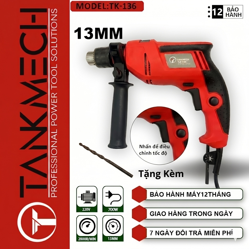 máy khoan bê tông TANKMECH 13ly TK-136 khoan tường sắt gỗ bắt vít Tốc độ thay đổi liên tục Chức năng kép Đi kèm với mức