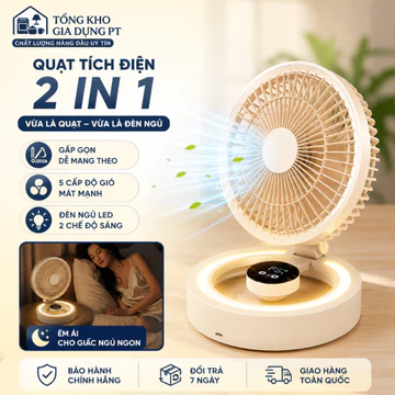 Quạt Tích Điện gấp Gọn, Quạt Để Bàn, Treo Tường Không dây, Đèn Ngủ, Có 5 Mức Điều Chỉnh Gió Pin Khỏe