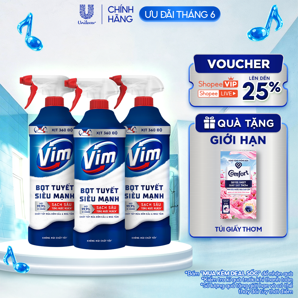 Combo 3 Chai Bọt Tuyết Siêu Mạnh Tẩy Bồn Cầu và Nhà Vệ Sinh Vim | Diệt 99,9% Vi Khuẩn (500ml)