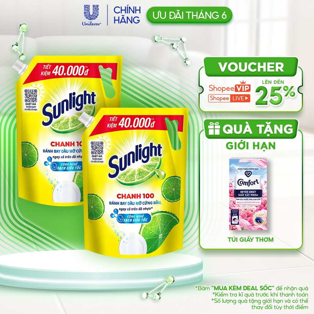 COMBO 2 Nước Rửa Chén Bát Sunlight Chanh 100 | Sạch Dầu Mỡ Đồ Nhựa | Túi 4x3.1Kg