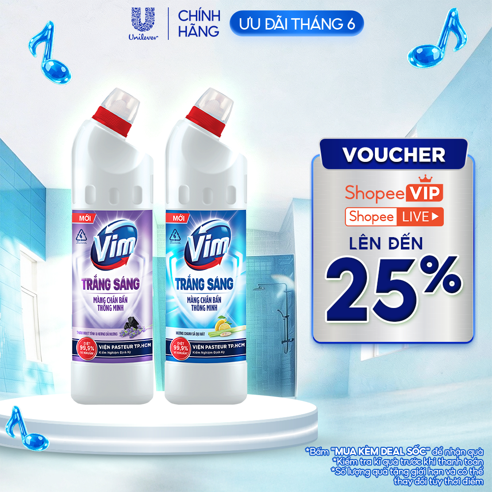 Nước Tẩy Bồn Cầu và Nhà Vệ Sinh Vim Trắng Sáng | Sạch Thơm Dịu Mát Với Hương Chanh Sả và Hương Lavender (870ml)