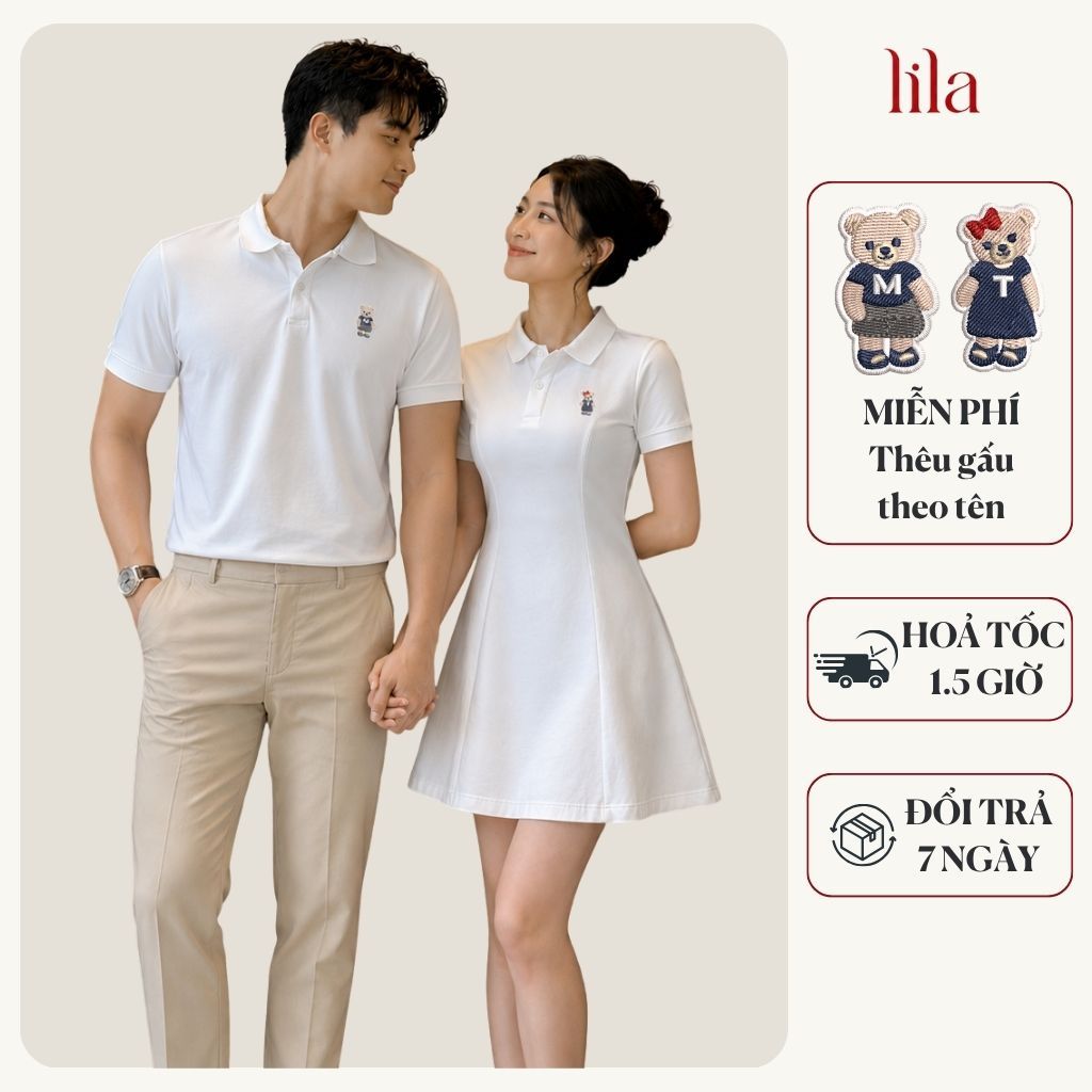 Set đồ cặp couple thêu gấu & tên theo yêu cầu, Áo polo nam váy polo nữ ngắn có cổ vải cotton co giãn - LILA