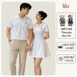 Set đồ cặp couple thêu gấu & tên theo yêu cầu, Áo polo nam váy polo nữ ngắn có cổ vải cotton co giãn - LILA