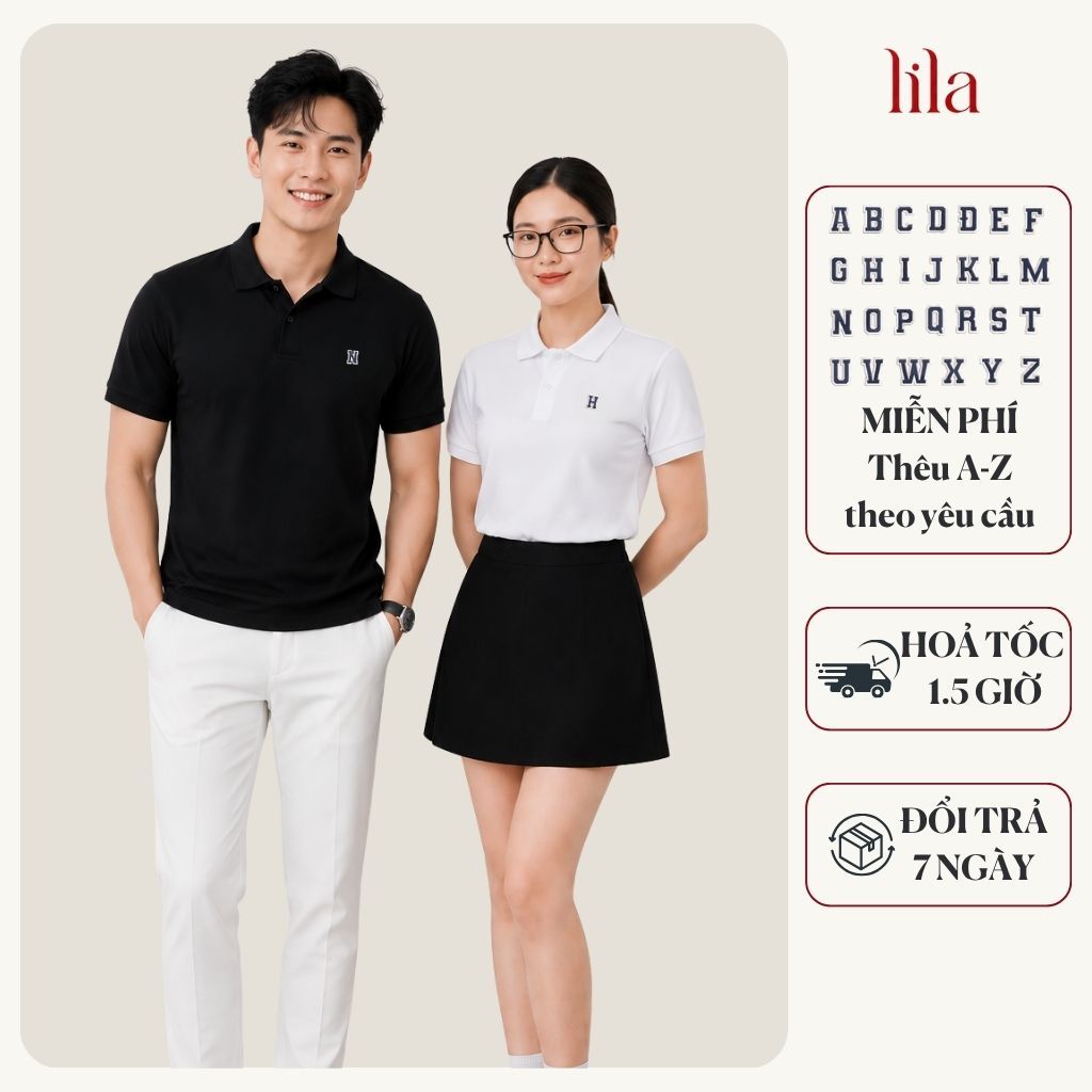 Áo polo đôi LILA thêu logo tên theo yêu cầu, vải cá sấu cotton cao cấp nhiều màu quà tặng nam nữ ý nghĩa