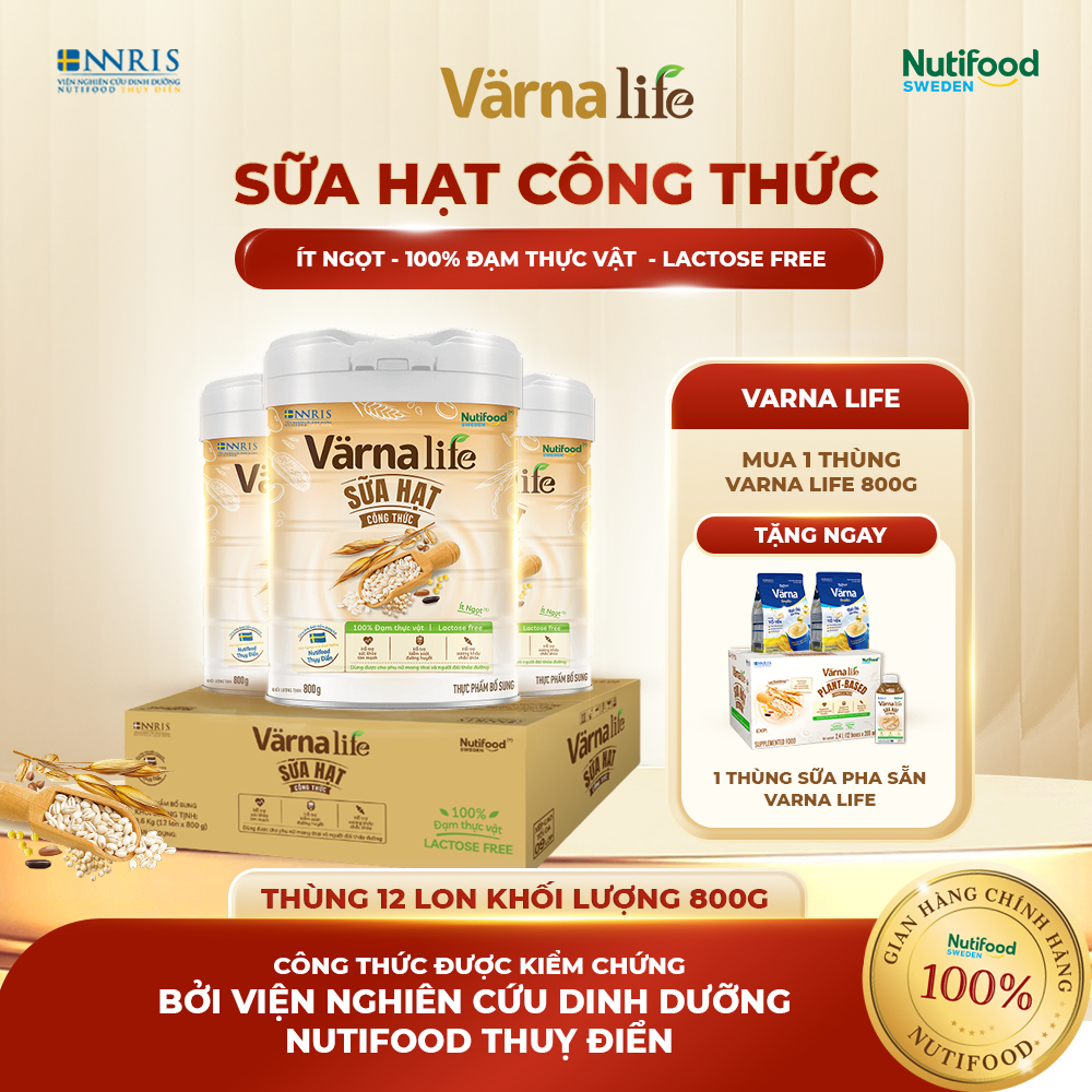 Sữa Hạt VARNA LIFE ( Thùng 12 Lon 800Gr) - Ít Ngọt, Không Lactose, Đạm Thực Vật, Bổ Sung Canxi