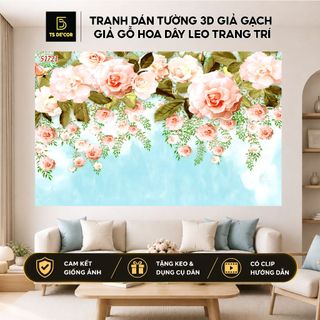 Tranh dán tường 3D Giả Gạch Giả Gỗ Hoa Dây Leo trang trí quán ăn, quán nước, trà sữa