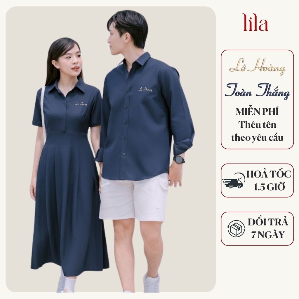 Set đồ đôi nam nữ sơ mi Harmony - Áo sơ mi nam & váy nữ dáng dài thêu tên theo yêu cầu làm quà tặng sinh nhật, kỷ niệm