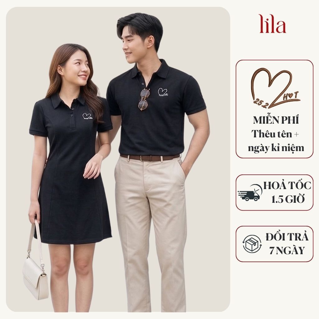 Set đồ đôi áo polo nam & váy có cổ nữ thêu moni theo yêu cầu làm quà tặng kỷ niệm, sinh nhật vải cotton cao cấp