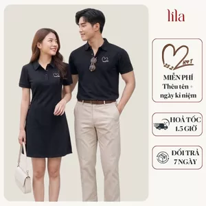 Set đồ đôi áo polo nam váy có cổ nữ thêu moni theo yêu cầu làm quà tặng người yêu, kỷ niệm, sinh nhật