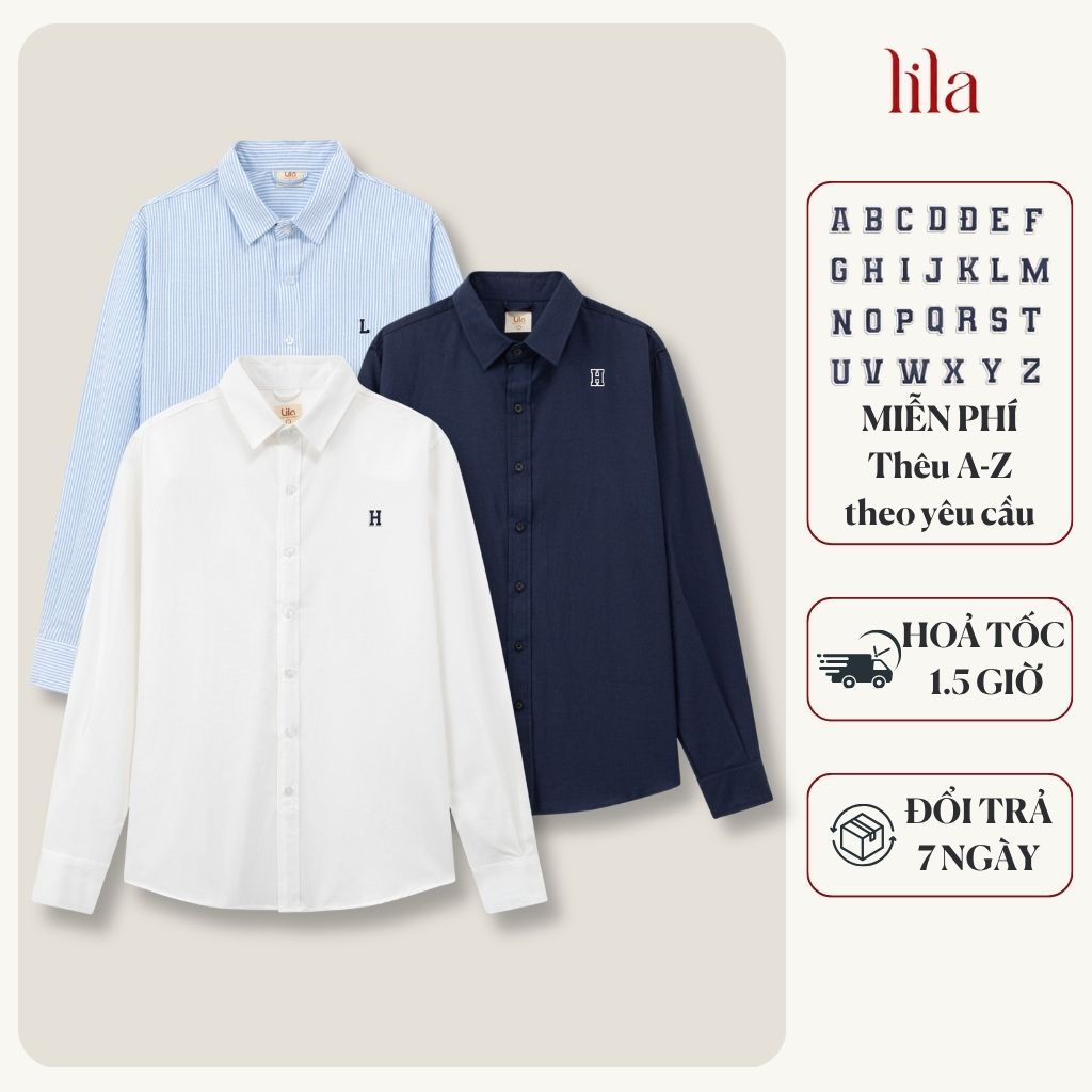 Áo sơ mi kẻ sọc LILA sơ mi đôi thêu logo tên người yêu vải Oxford Premium quà tặng bạn trai bạn gái ý nghĩa