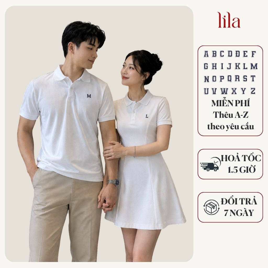 Áo polo nam, váy polo nữ đồ đôi thêu chữ cái A-Z theo yêu cầu vải cotton co giãn, quà tặng người yêu