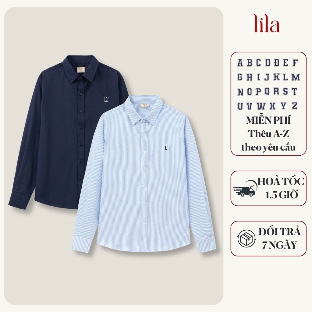 Áo sơ mi vải Oxford dài tay thêu logo tên theo yêu cầu, áo đôi nam nữ form rộng đi chơi, du lịch, đi làm