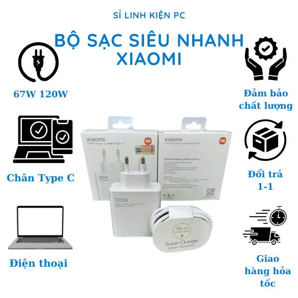Bộ Sạc Siêu Nhanh Xiaomi 67W 120W Mi Super Charger Siêu Nhanh Chân Type C, Sạc Có Báo Max Vàng