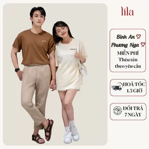 Áo thun unisex nam nữ thêu tên theo yêu cầu form rộng chất liệu cotton co dãn thoáng mát, áo phông cặp đôi - Lila