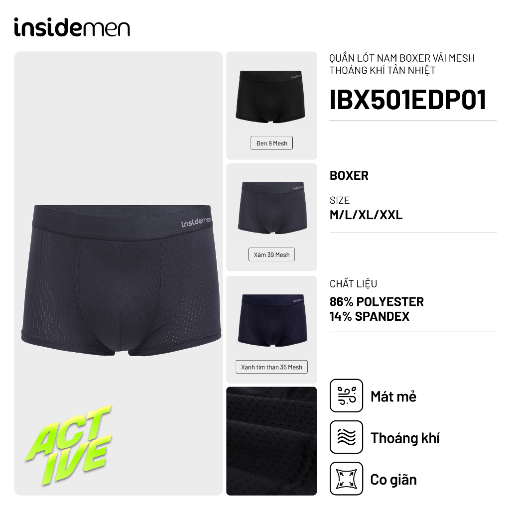 Quần lót nam Boxer vải Mesh thoáng khí tản nhiệt, co giãn thoải mái Insidemen ACTIVE IBX501EDP01