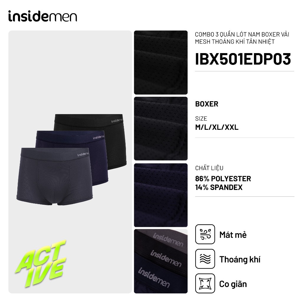 Set 3 Quần Lót Nam Boxer Insidemen ACTIVE Thun Lạnh Vải Mesh Lỗ Tản Nhiệt Mát Mẻ IBX501EDP03